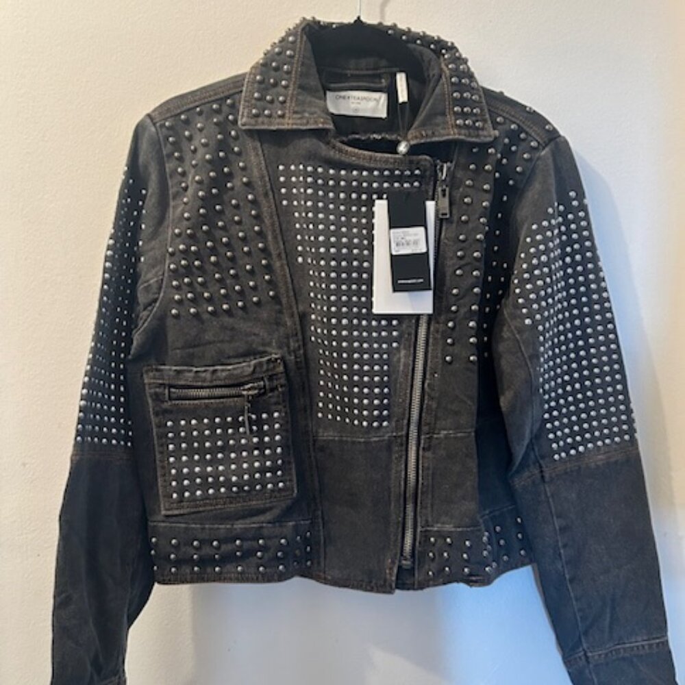 One Teaspoon REBEL REBEL Studded Recycled Black DENIM Zip Moto Jacket NWT M